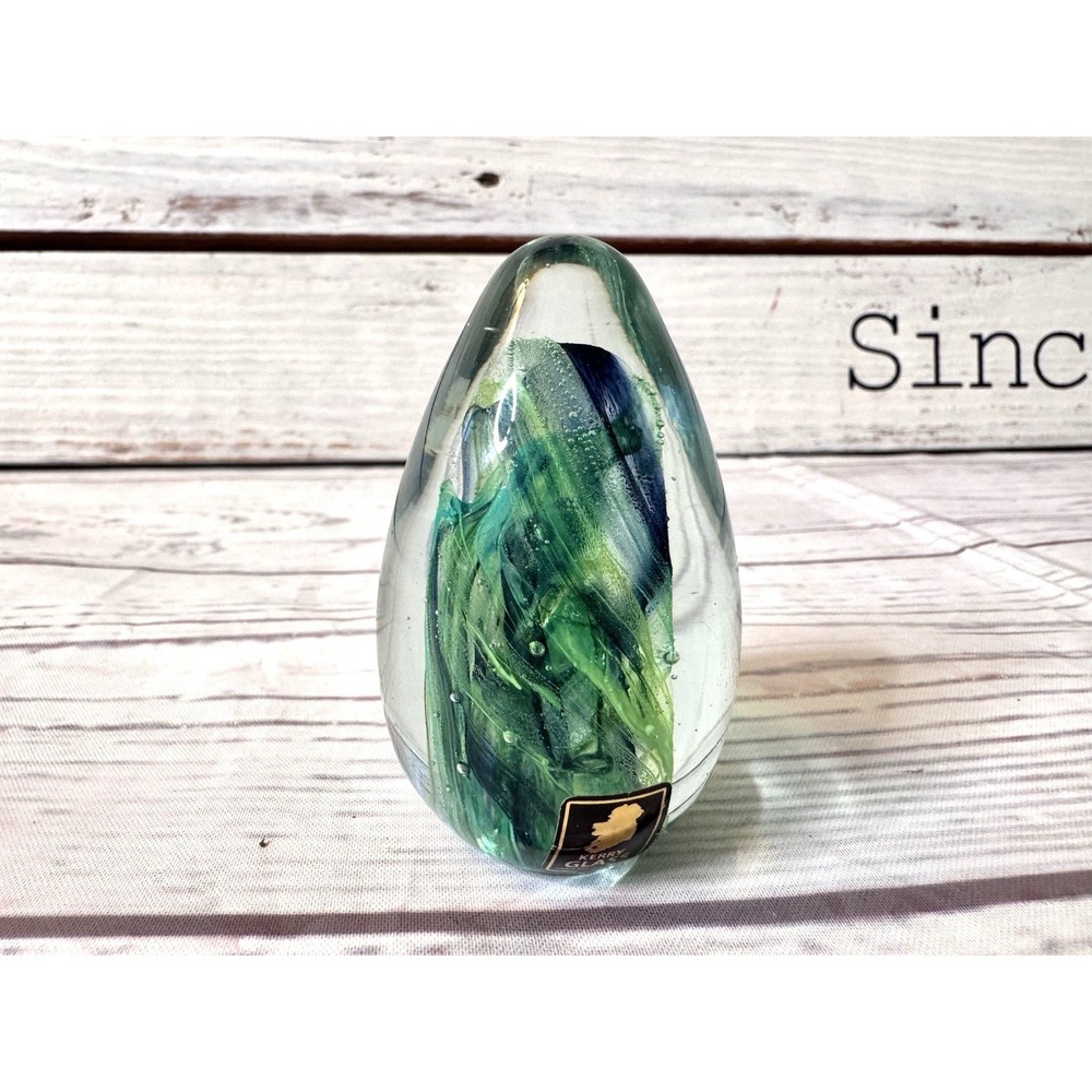 VTG Kerry Art Glass Egg Shaped Flower Paperweight Ireland Green Black Swirl